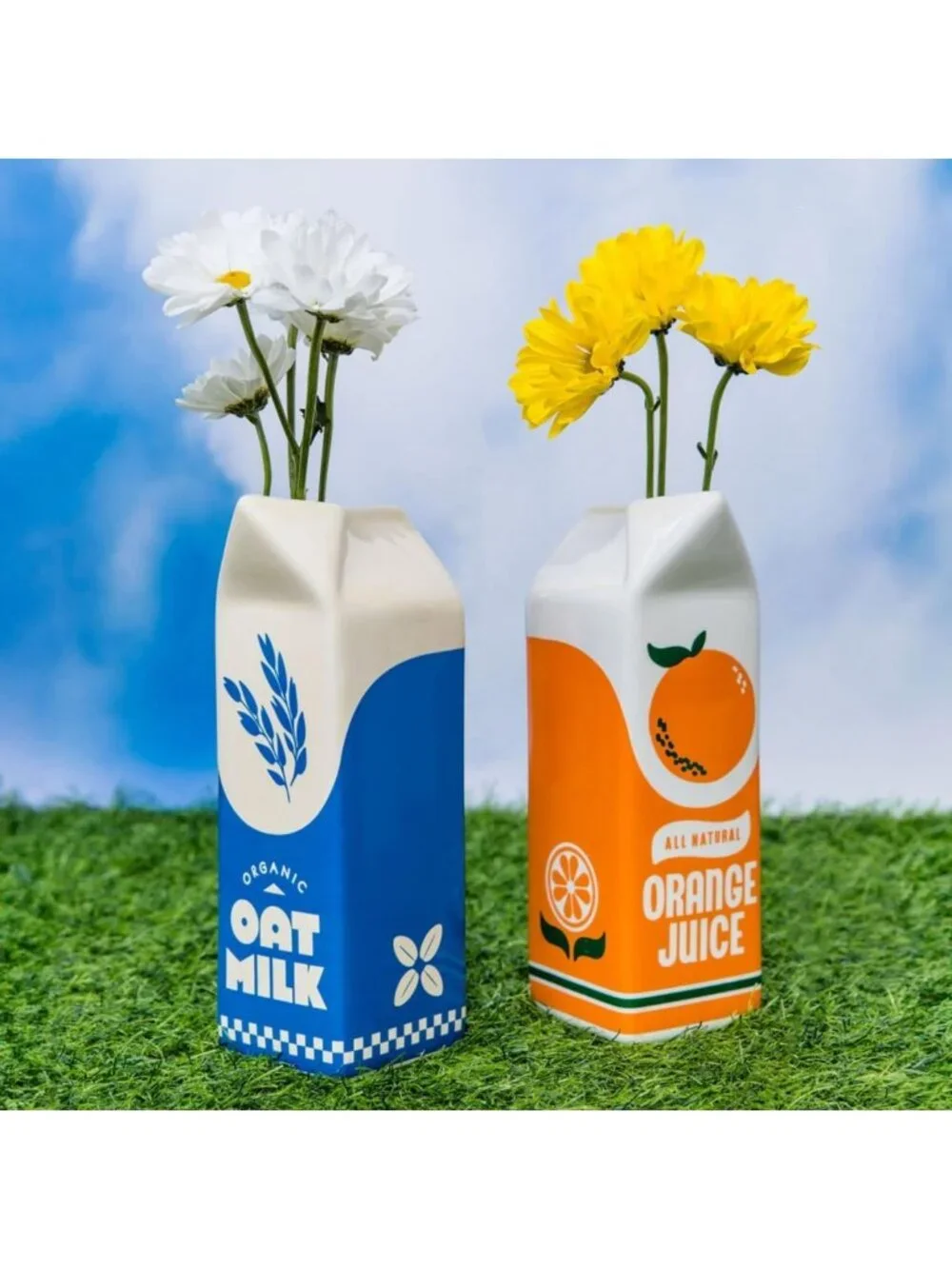 Retro-Inspired Ceramic Flower Vase - Fun OJ Carton Design for Home Decor